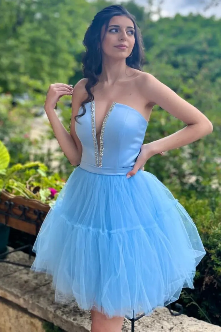 Vandalia | Sky Blue Strapless Lace-Up A-Line Homecoming Dress sold by KissProm product image thumbnail 2