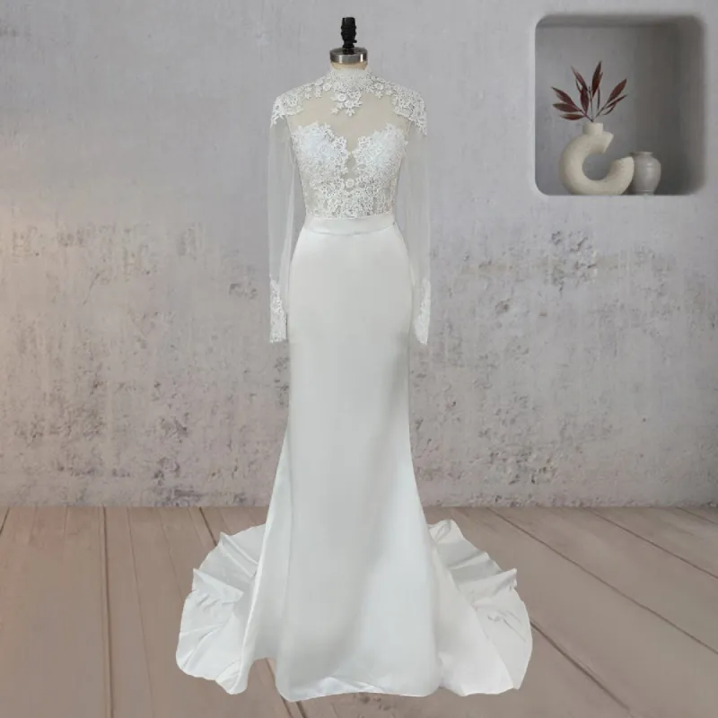 Mermaid White Lace Covered Button Back Wedding Dress sold by KissProm