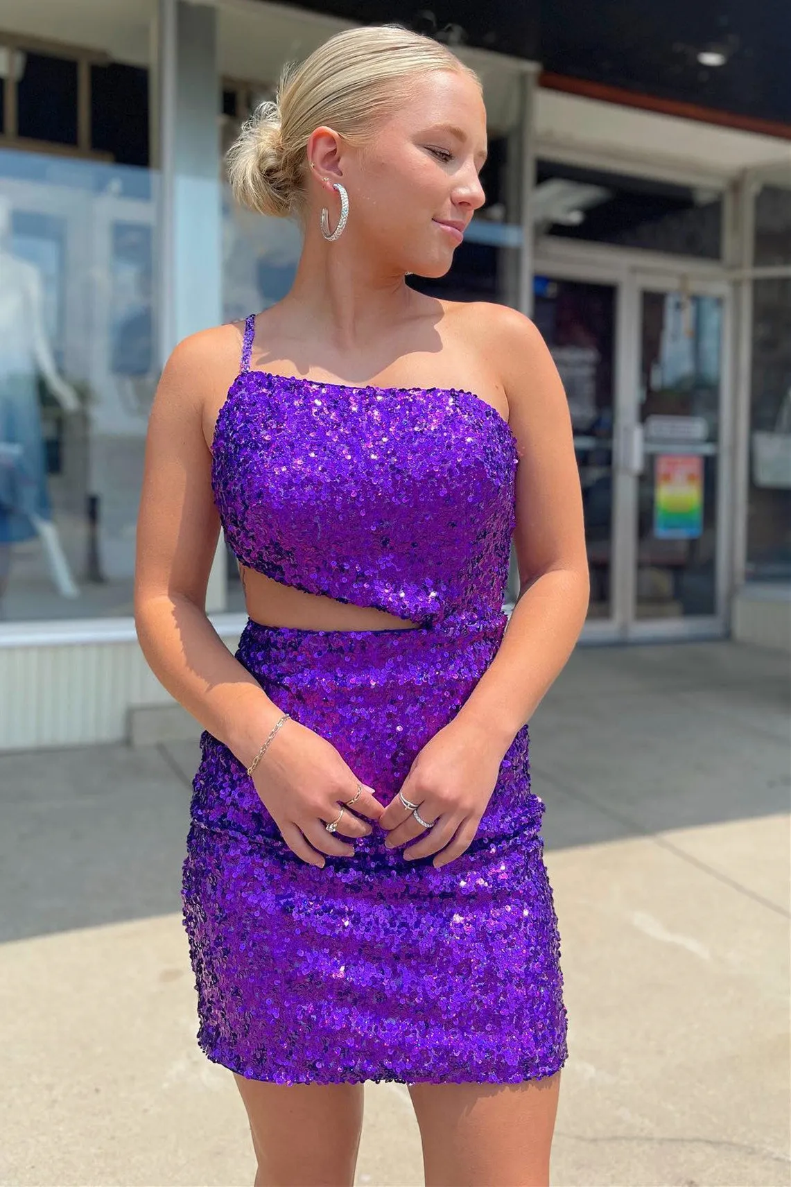 Straps One Shoulder Purple Sequins Homecoming Dress sold by KissProm