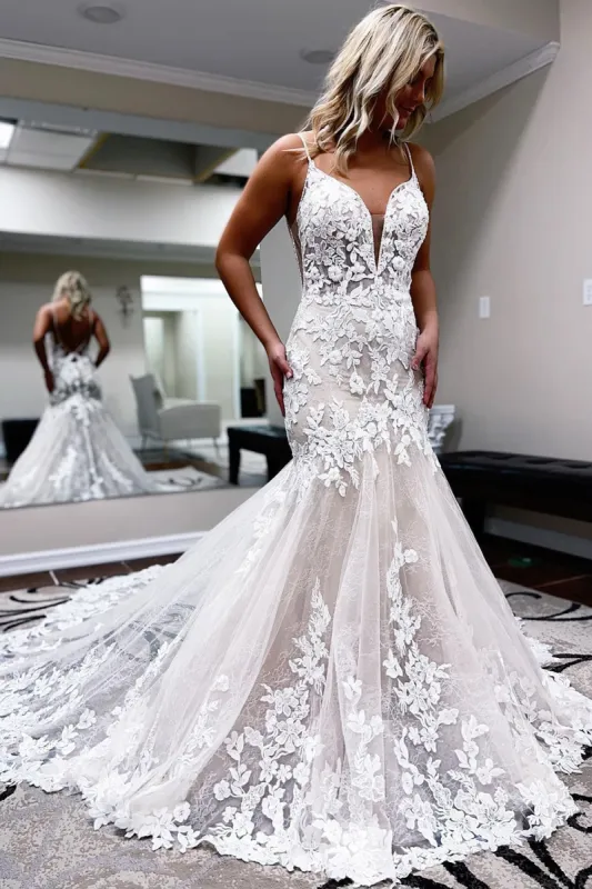 Aya | Ivory Lace Mermaid Backless Long Wedding Dress sold by KissProm