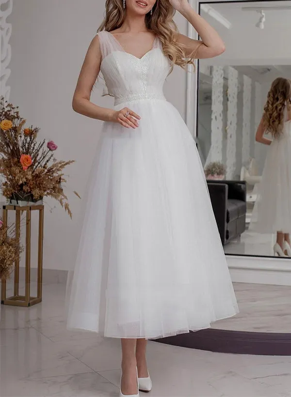 Tamsina | A-Line V-Neck Sleeveless Ankle-Length Tulle Wedding Dresses With Sequins sold by KissProm product image thumbnail 4