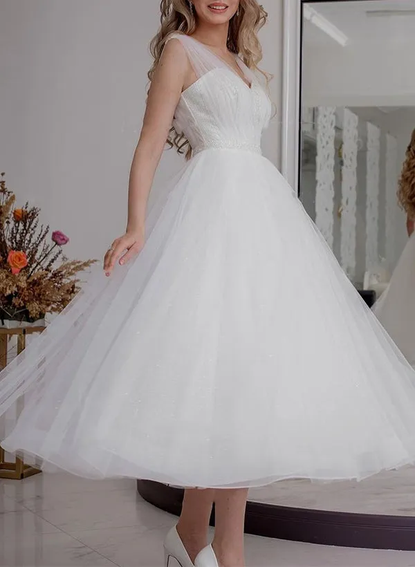 Tamsina | A-Line V-Neck Sleeveless Ankle-Length Tulle Wedding Dresses With Sequins sold by KissProm