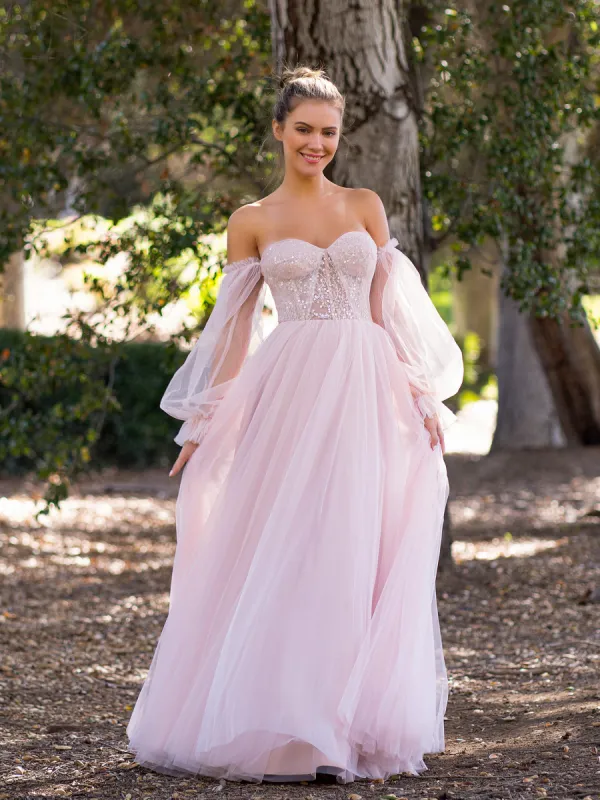 A-line Corset Off The Shoulder Floor Length Tulle Prom Dress with lace appliques sold by KissProm