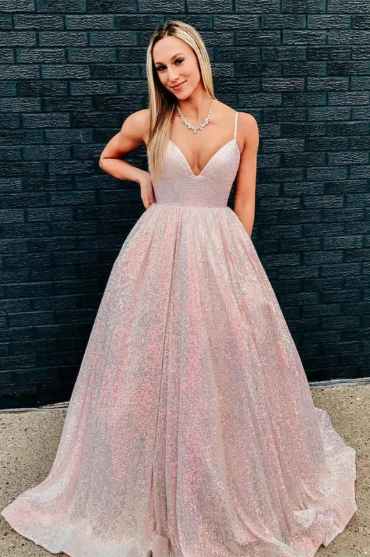 Stunning Pink Sequins A-Line Long Prom Dress sold by KissProm