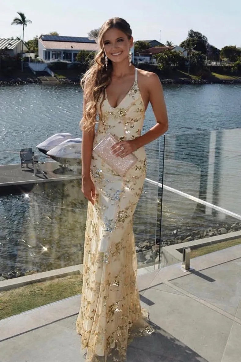 Kara | Lace-Up Mermaid Long Gold Prom Dress with Sequins sold by KissProm product image thumbnail 2