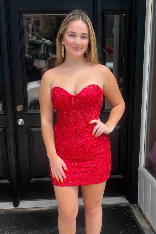 Strapless Red Sequin Short Homecoming Dress sold by KissProm