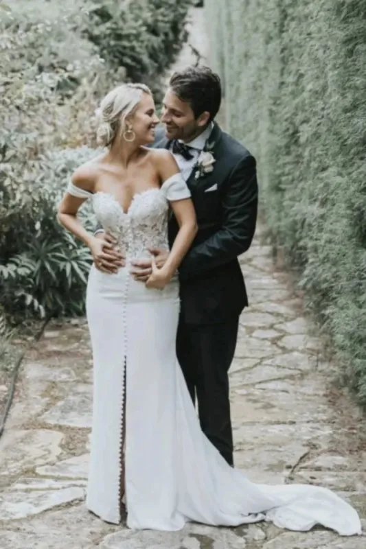 Split Front Off-the-shoulder Sexy Sweetheart Satin Wedding Dress With Lace sold by KissProm