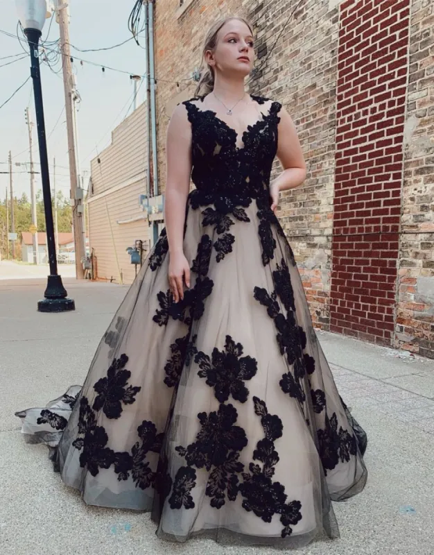 Nala | Black Champagne Open Back Court Train Wedding Dress With Appliques sold by KissProm