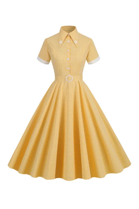 Hepburn Style Yellow Plaid Vintage Dress With Short Sleeves made by KissProm