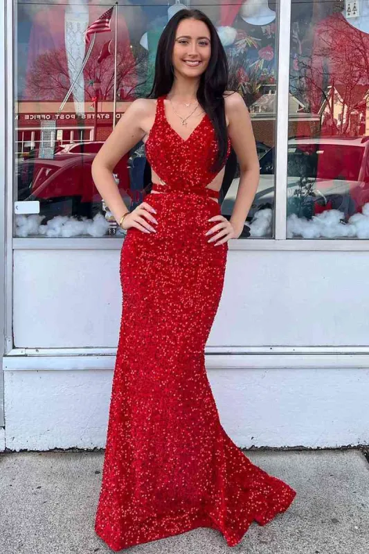 Melody | Red Mermaid V Neck Sequins Backless Long Prom Dress sold by KissProm