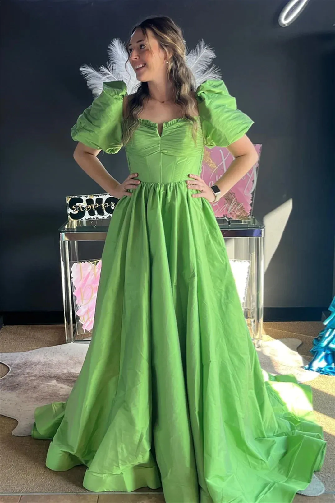 Aurora | Green Ruffled Puff Sleeves Satin Long Prom Dress sold by KissProm