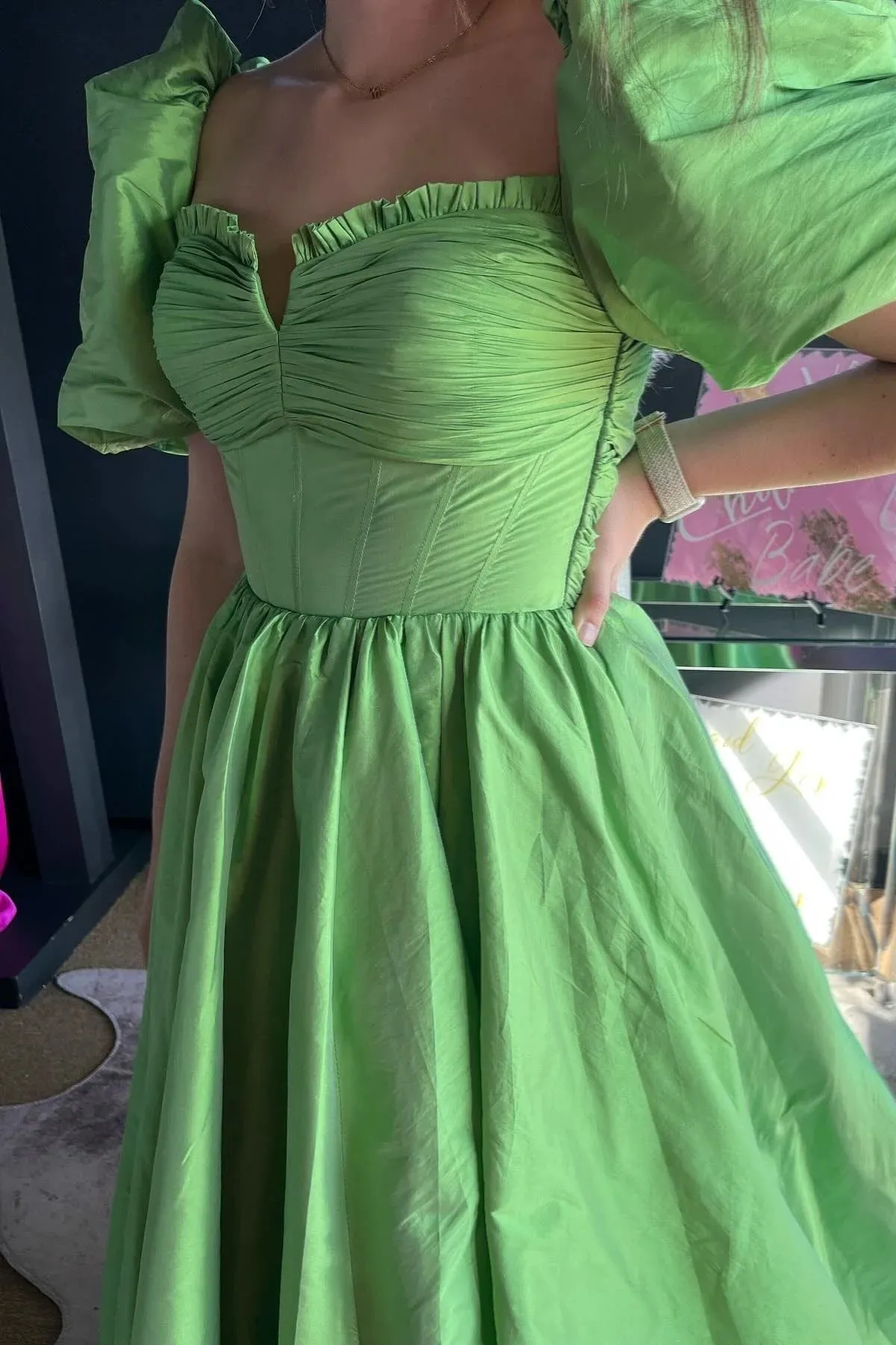 Aurora | Green Ruffled Puff Sleeves Satin Long Prom Dress sold by KissProm product image thumbnail 2