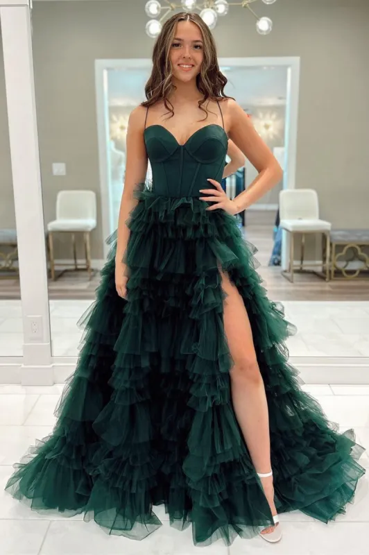 Emerald Sweetheart Lace-Up Ruffle Prom Gown with Slit sold by KissProm