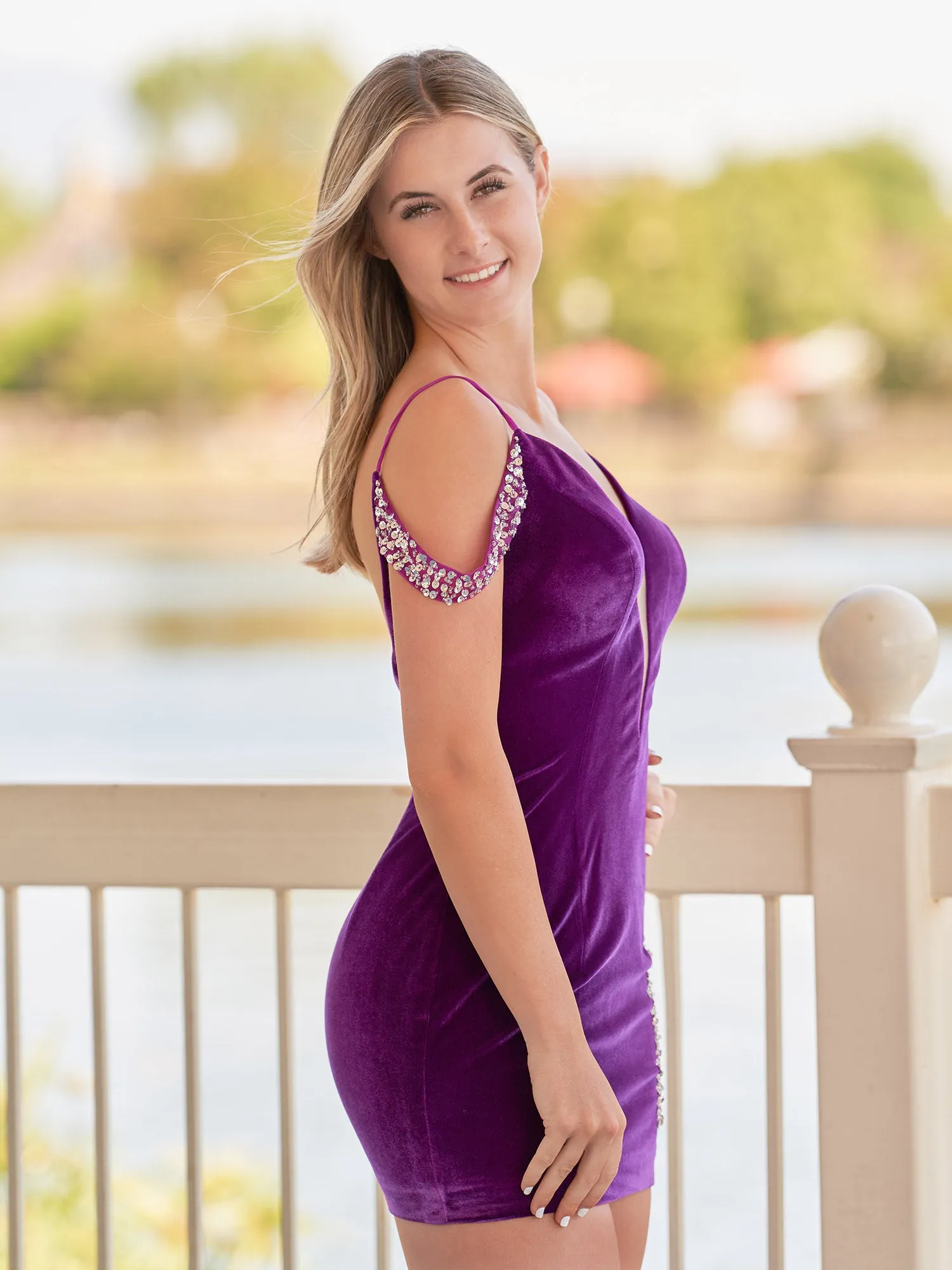 Delilah | Bodycon Velvet Deep V-Neck illusion Purple Beaded Homecoming Dress sold by KissProm product image thumbnail 3