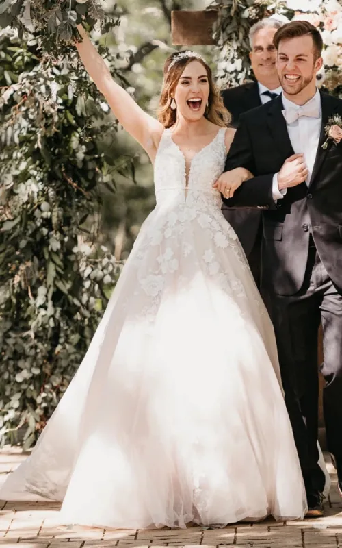Adorable A-Line Lace Wedding Dress With Appliques And Illusion Deep-V Back sold by KissProm