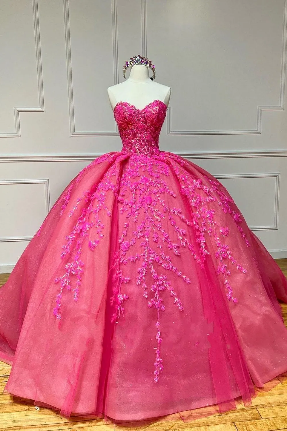 Vintage Ball Gown Sweetheart Pink Lace Appliques Tulle Long Quinceanera Dresses sold by KissProm