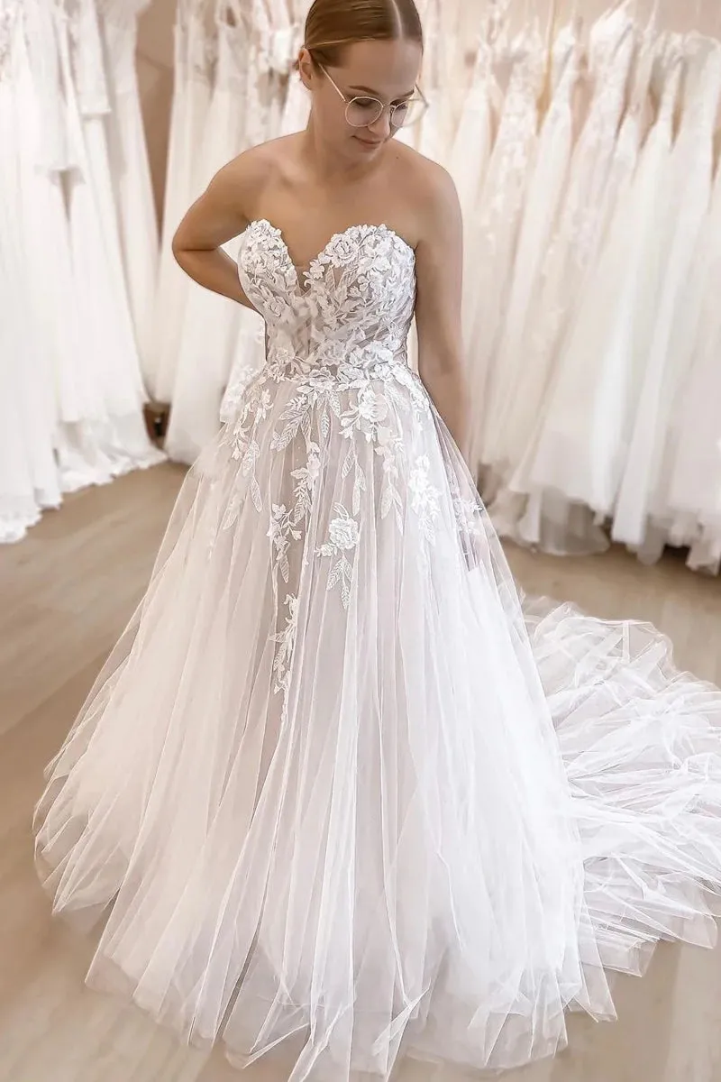 Charming A Line Sweetheart Tulle Wedding Dresses with Lace sold by KissProm