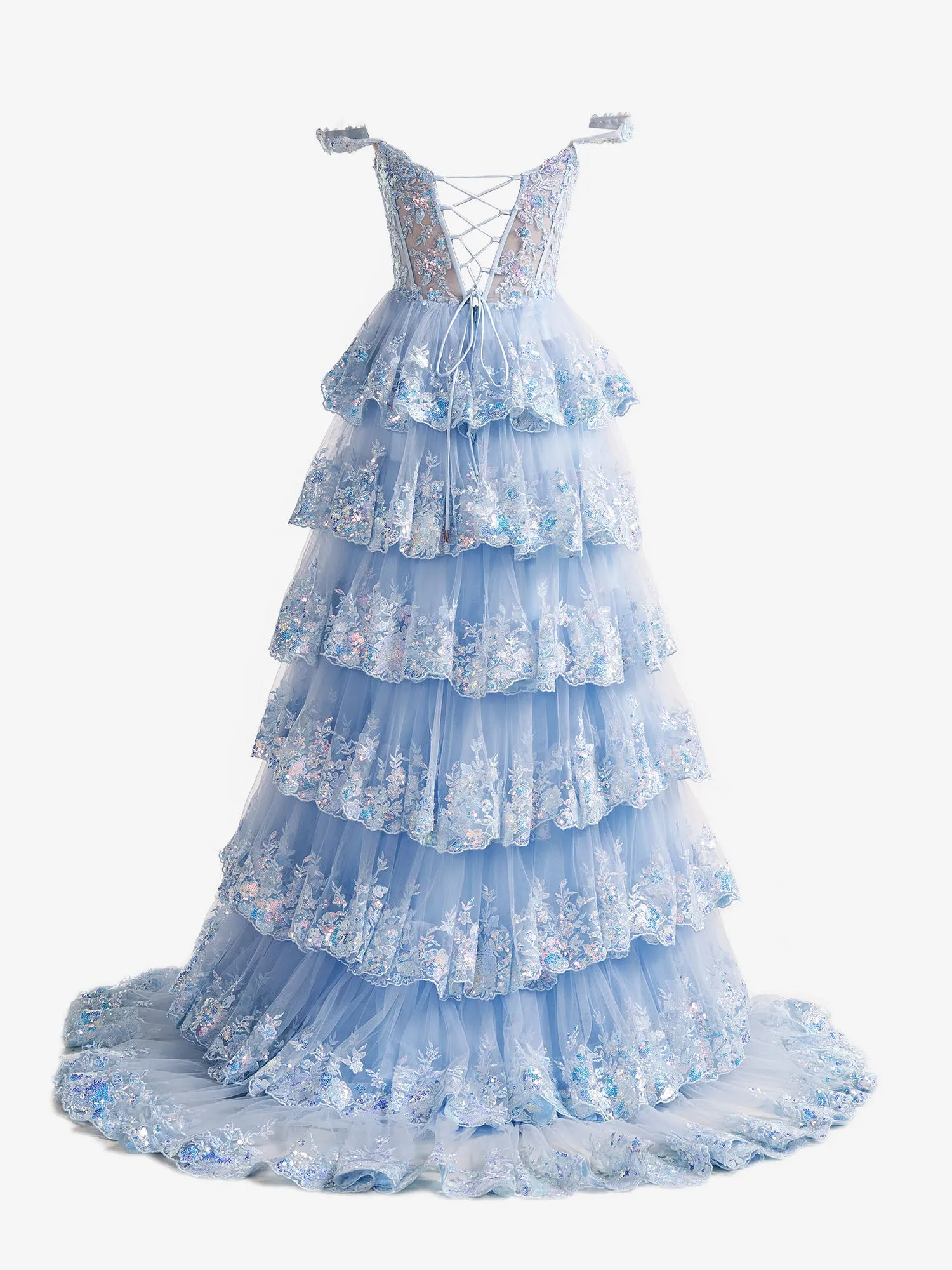 Capri | Blue Crystal Sequins Princess A Line Off the Shoulder Prom Dress with Lace Ruffles sold by KissProm product image thumbnail 2
