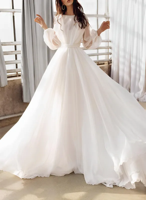 A-Line Illusion Neck Long Sleeves Sweep Train Organza Wedding Dresses sold by KissProm
