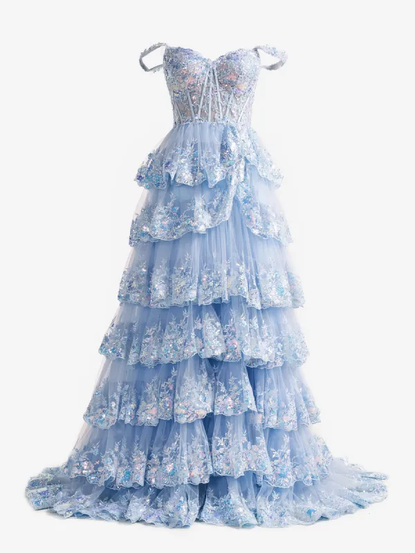 Capri | Blue Crystal Sequins Princess A Line Off the Shoulder Prom Dress with Lace Ruffles sold by KissProm