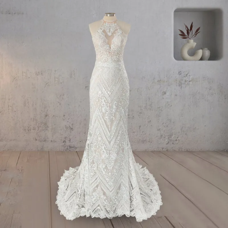 Mermaid White Halter Lace Appliqued Wedding Dress sold by KissProm