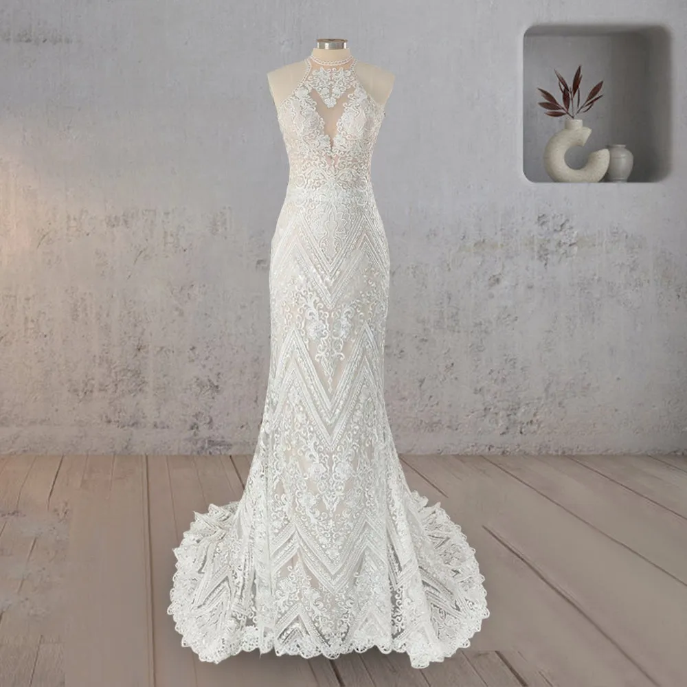 Mermaid White Halter Lace Appliqued Wedding Dress sold by KissProm