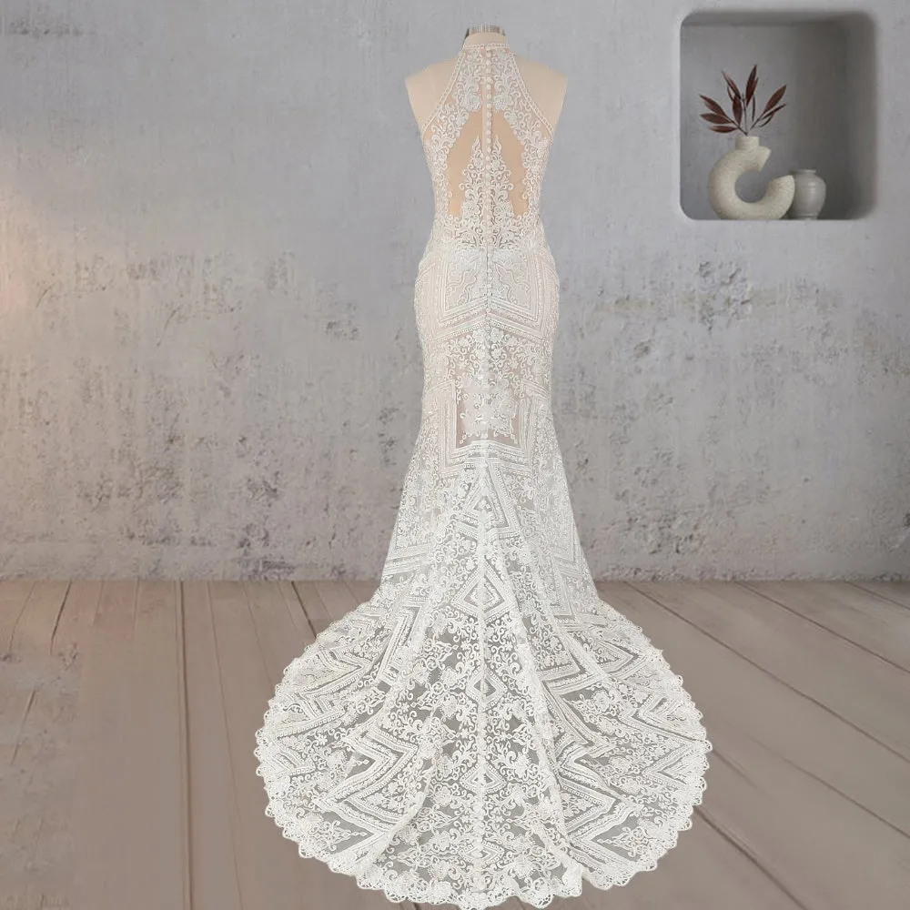 Mermaid White Halter Lace Appliqued Wedding Dress sold by KissProm product image thumbnail 2