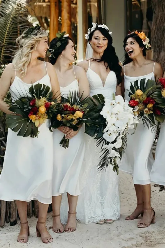 Spaghetti Straps Tea-length White Chiffon Bridesmaid Dress sold by KissProm