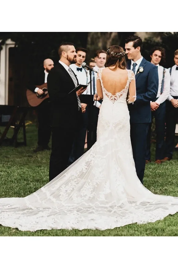 Brilliant Lace Bohemian Deep-V Back Cathedral Train Wedding Dress sold by KissProm product image thumbnail 3