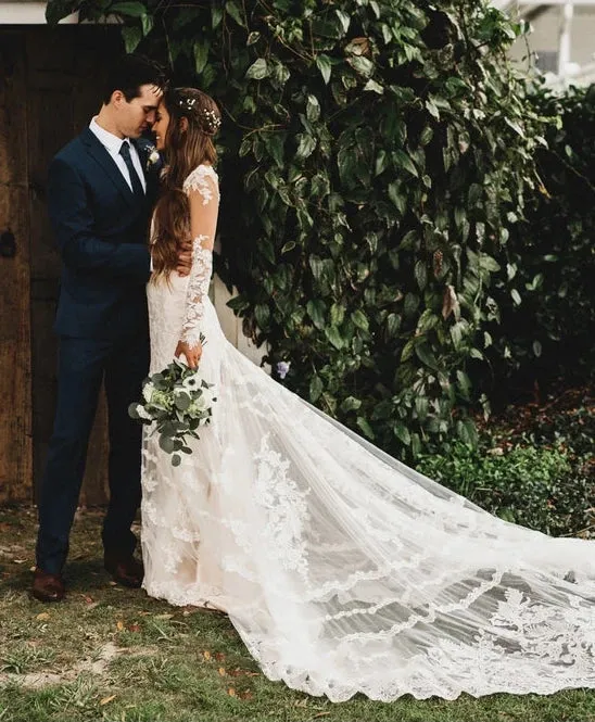 Brilliant Lace Bohemian Deep-V Back Cathedral Train Wedding Dress sold by KissProm product image thumbnail 4