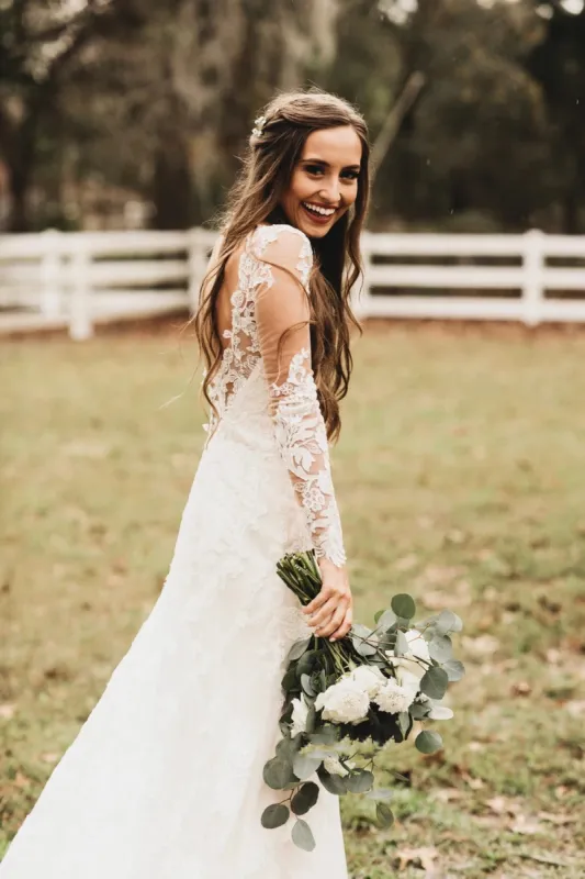 Brilliant Lace Bohemian Deep-V Back Cathedral Train Wedding Dress sold by KissProm