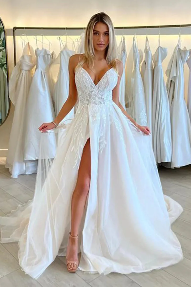 Gorgeous A Line V Neck Organza Long Wedding Dresses with Appliques sold by KissProm