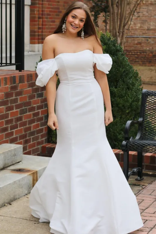 White Off-the-Shoulder Puff Sleeve Mermaid Long Wedding Dress sold by KissProm