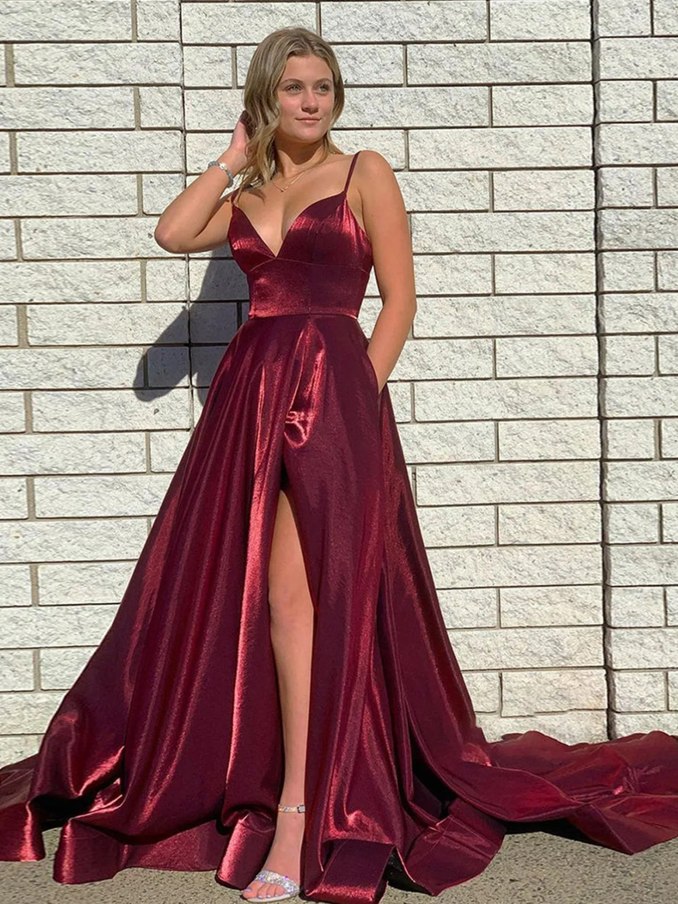 DarkRed Satin A Line Tight Long Prom Dress With Slit sold by KissProm