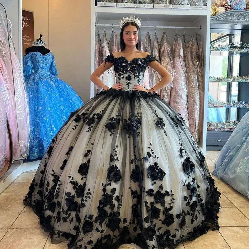 Black Off the Shoulder Quinceanera Dresses With 3D Flowers sold by KissProm