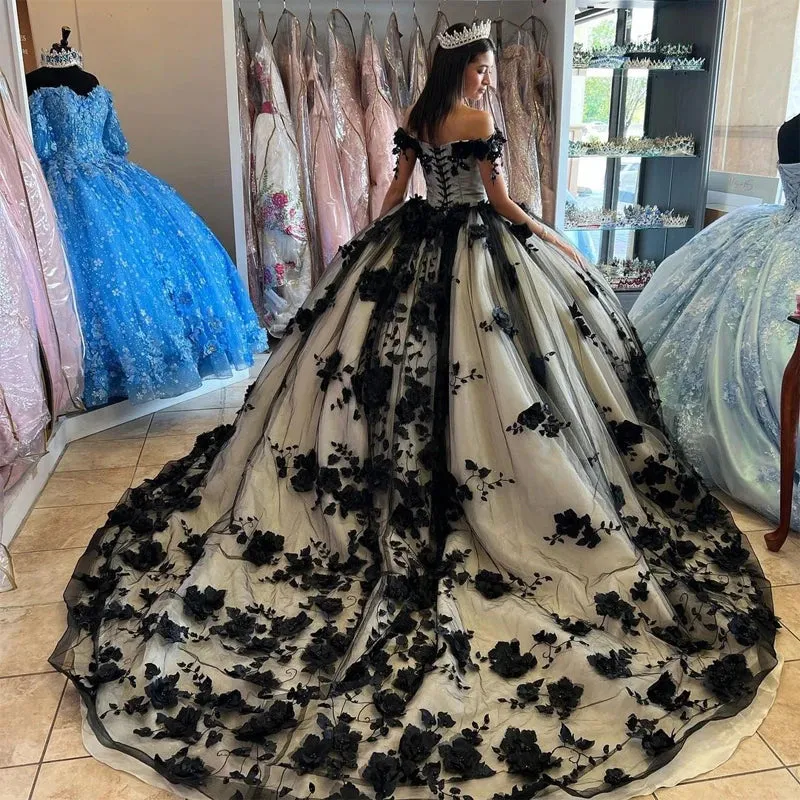 Black Off the Shoulder Quinceanera Dresses With 3D Flowers sold by KissProm product image thumbnail 4