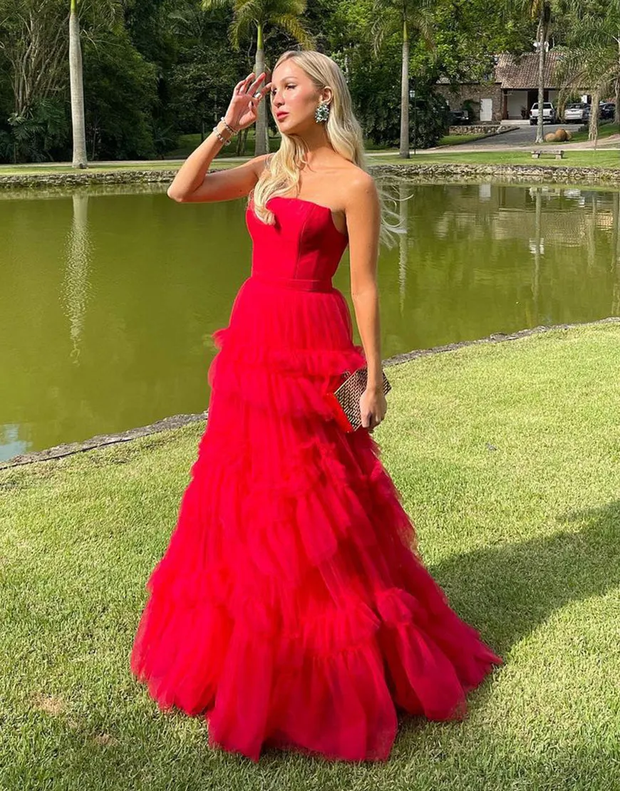 Matilda |Red A-Line Strapless Ruffled Tulle Evening Dress sold by KissProm product image thumbnail 4