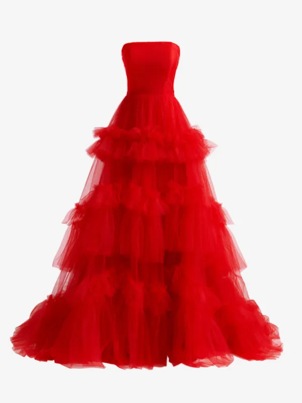 Matilda |Red A-Line Strapless Ruffled Tulle Evening Dress sold by KissProm