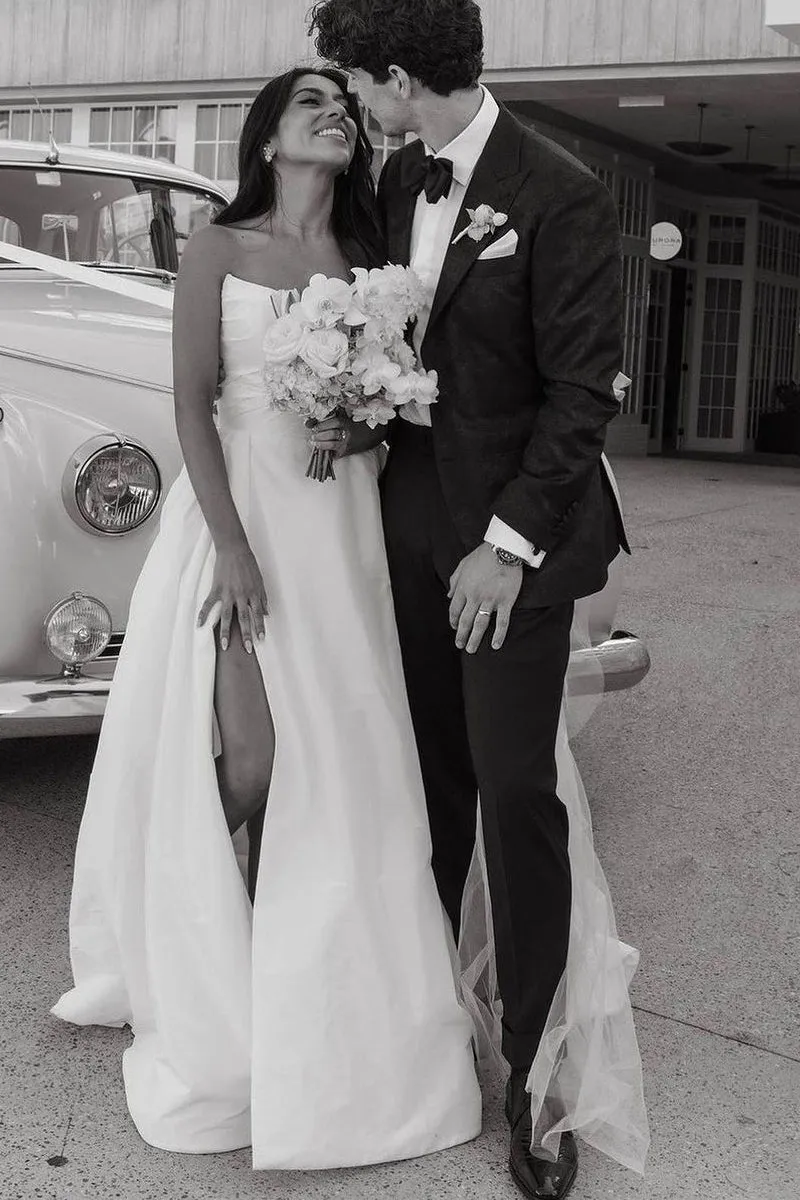 A-Line White Satin Strapless Wedding Dresses with Slit sold by KissProm product image thumbnail 3