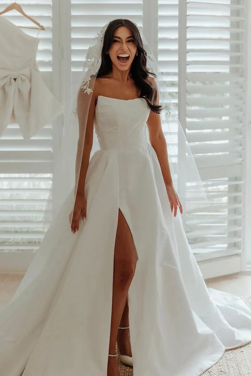 A-Line White Satin Strapless Wedding Dresses with Slit sold by KissProm