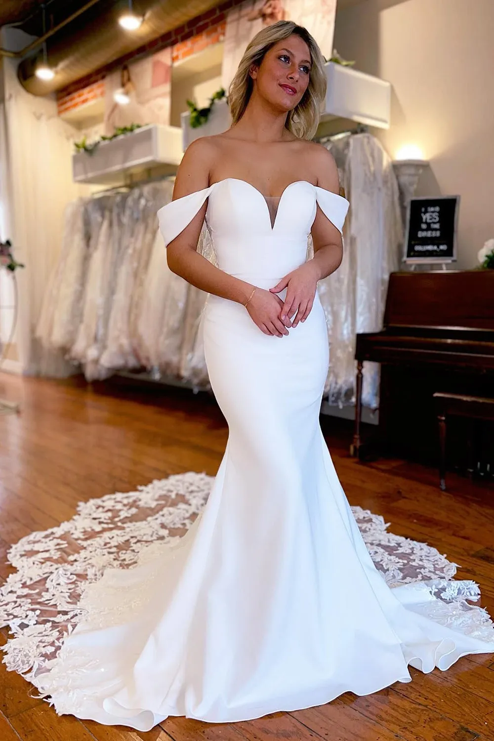 Brynleigh | White Boho Mermaid Off the Shoulder Long Wedding Dress with Lace sold by KissProm