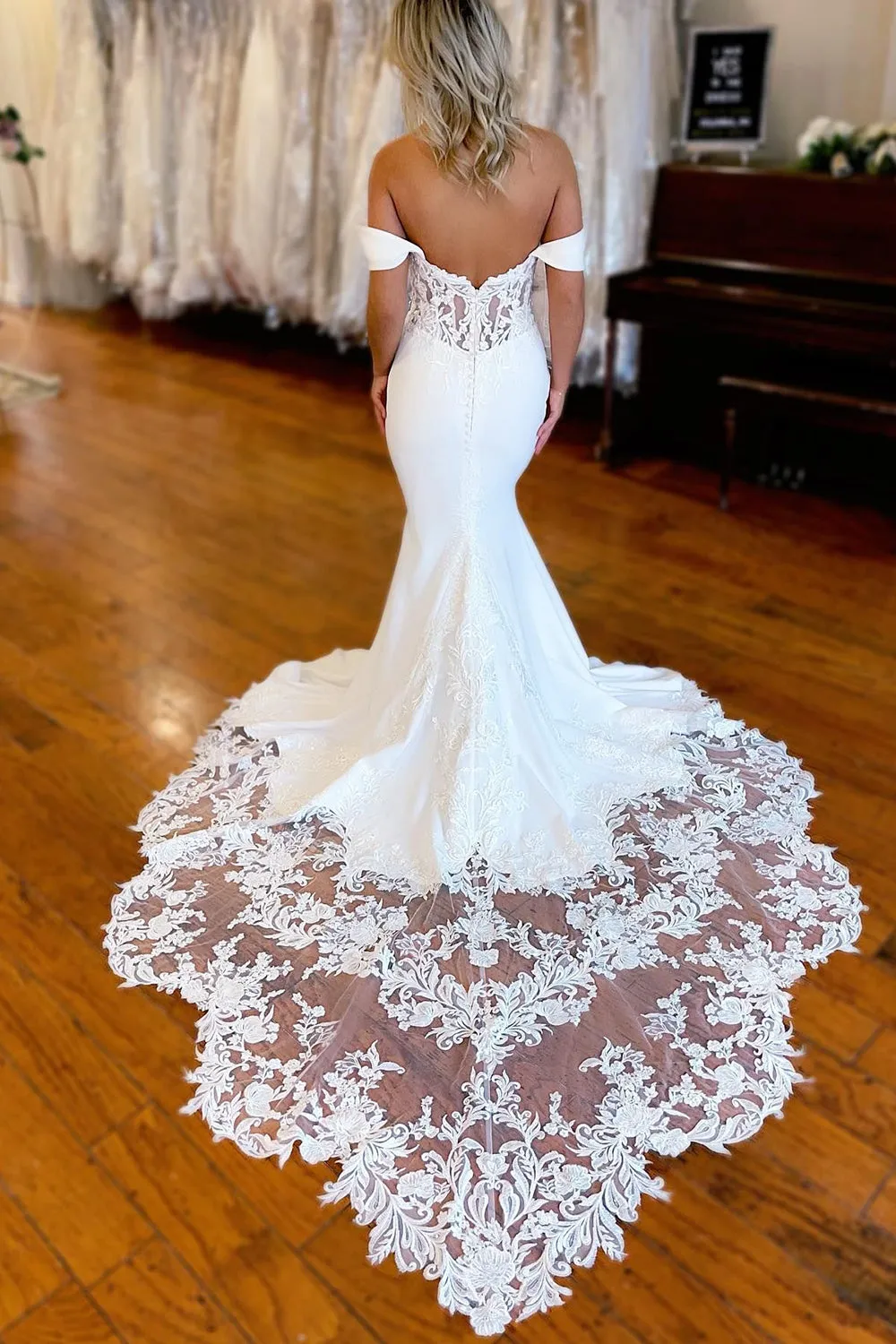 Brynleigh | White Boho Mermaid Off the Shoulder Long Wedding Dress with Lace sold by KissProm product image thumbnail 2