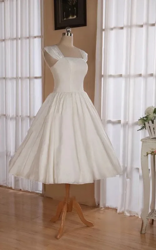 Straps Sleeveless Lace-Up Back Tea-Length Satin Wedding Dress sold by KissProm