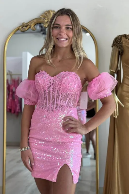 Pink Strapless Applique Bodycon Mini Party Dresses wiith Sleeves sold by KissProm