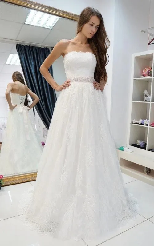 Strapless A-Line Lace Wedding Dress With Beading on Waist sold by KissProm