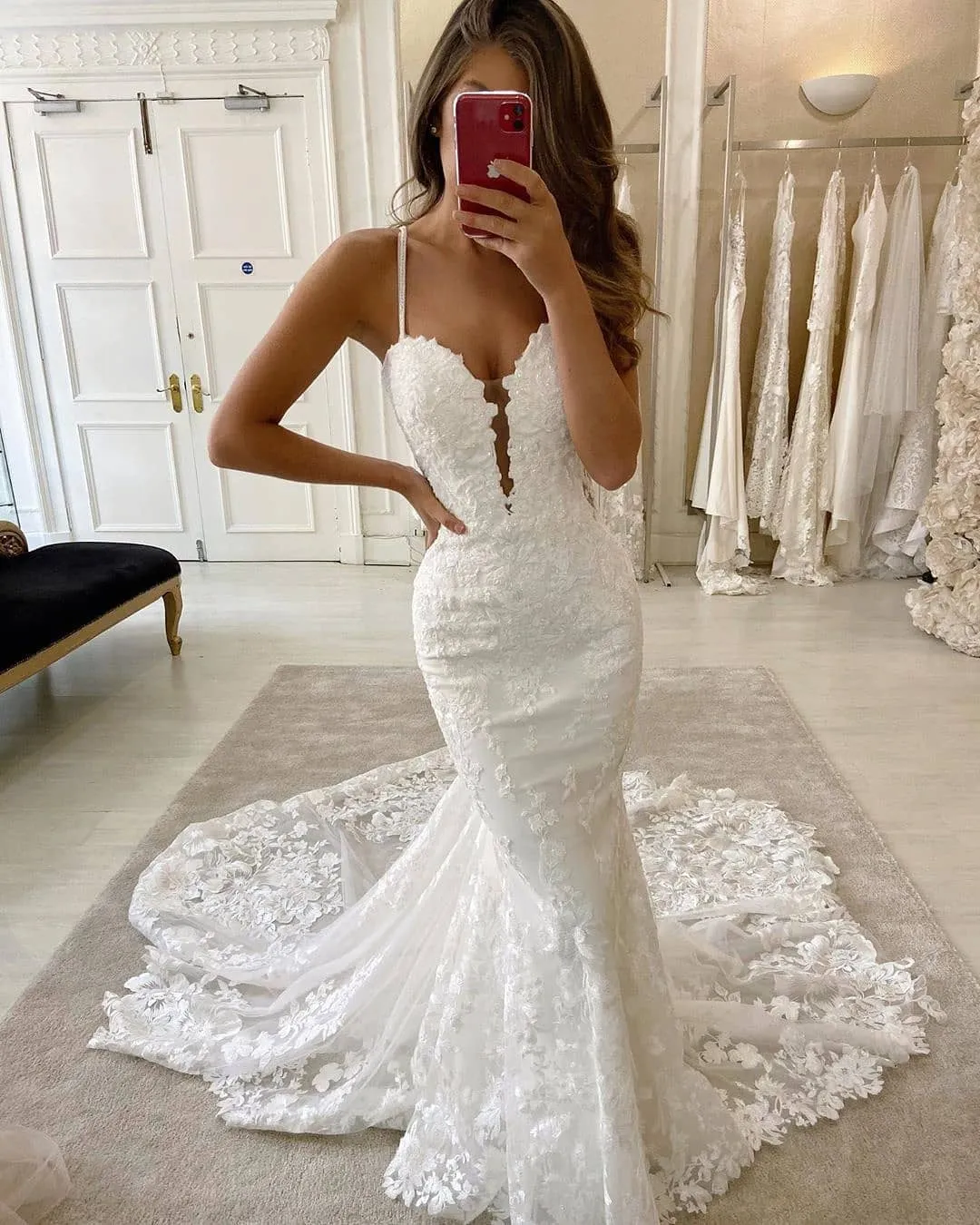 Mermaid Lace White Wedding Dresses Spaghetti Straps sold by KissProm product image thumbnail 2