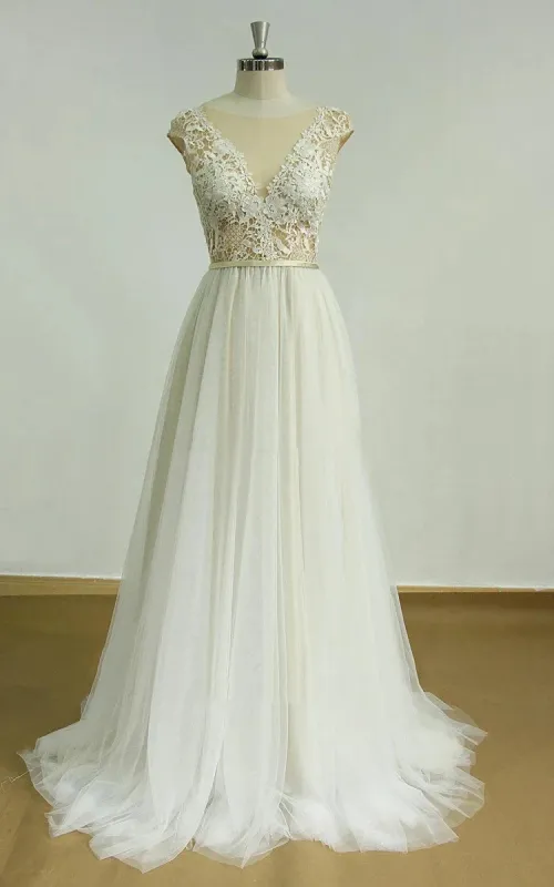Illusion Deep V-Neck Open Back Tulle Lace Appliques Wedding Dress with Sweep Train sold by KissProm