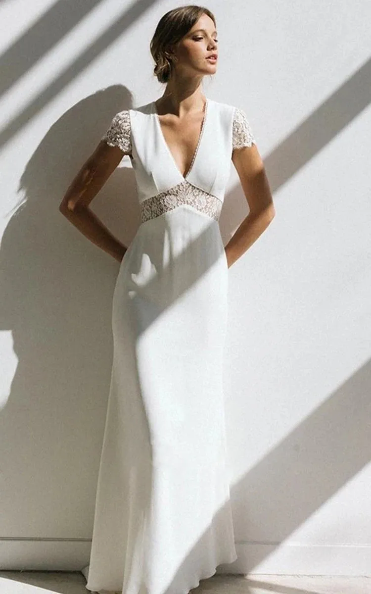 Uriah | Modest Simple Sheath Short Sleeve Empire Floor-Length Sweep Train Chiffon V-neck Wedding Dress sold by KissProm