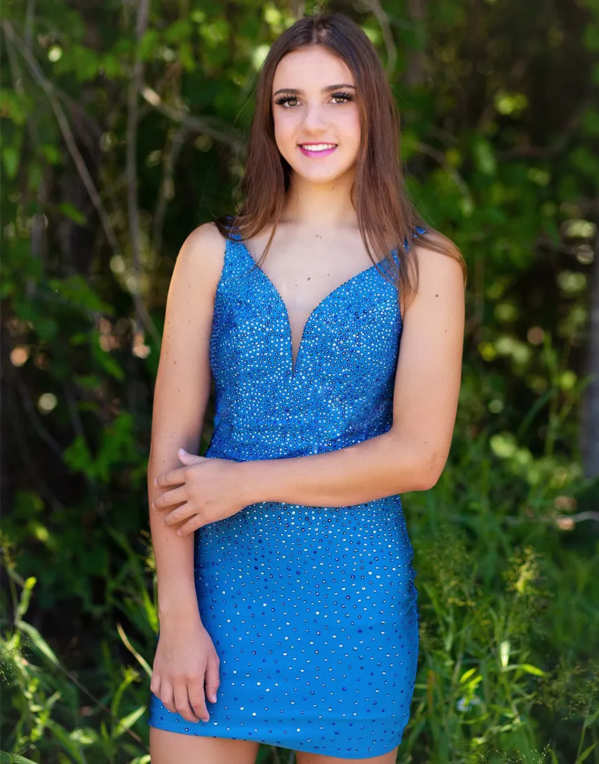 Sheath Blue Beaded Plunging Short Homecoming Dress sold by KissProm product image thumbnail 5