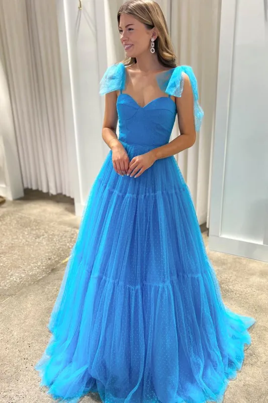 Stacey | Blue Sweetheart Tie Straps Tulle A-Line Long Prom Dress sold by KissProm